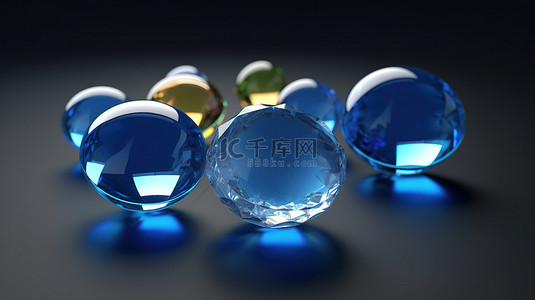 蓝色背景上隔离的 3D 闪亮透明玻璃宝石的特写