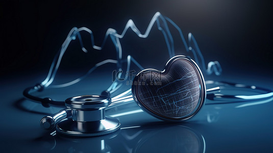 3d 渲染中听诊器上带有心脏和心电图线的蓝色背景