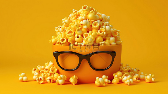 黄色背景，一碗爆米花和 3d 眼镜