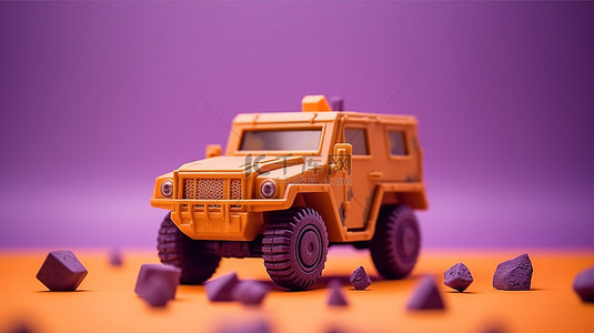 为孩子们在俏皮的紫色背景上军事地形橙色玩具车的 3D 渲染