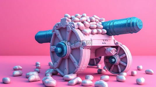 蓝色背景 3D 渲染上带有双色调炮弹的复古粉色海盗大炮
