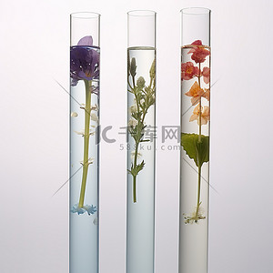 四个装有水和鲜花的实验室试管