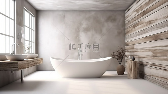 时尚的浴室配有光滑的石材地板和优雅的木瓷砖墙，采用简约的 3D 渲染