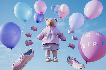 气球粉背景图片_一个穿着蓝色鞋子气球等的婴儿