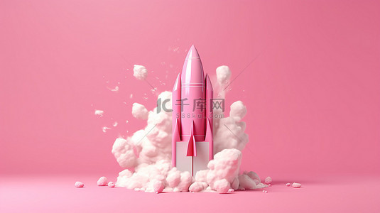 启动业务概念 3D 渲染在粉红色背景上发射的宇宙飞船图标的插图
