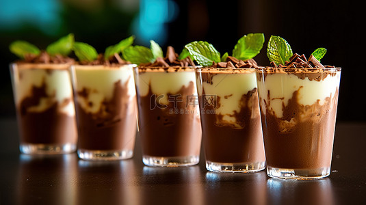 鲜奶背景图片_3D打印的杯子里装满了颓废的巧克力蓬松的鲜奶油和新鲜的薄荷叶