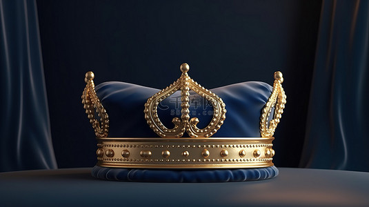 镀金贵宾皇冠蓝色枕头上金色装饰的豪华 3D 渲染