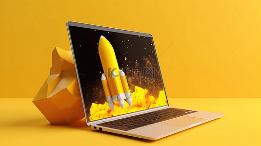 火箭插画背景图片_黄色背景 3d 笔记本电脑屏幕和渲染图像中的火箭插图设计