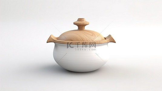 现在背景图片_粘土风格亚洲木制食品碗，带白色盖子，呈现在 3D 白色背景上