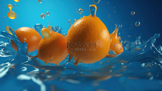 三维蓝色背景与液体橙色滴在飞行抽象 3D 渲染