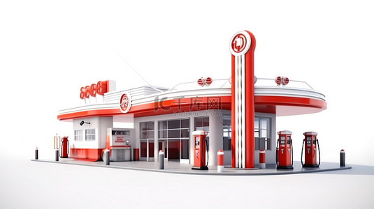 白色背景下老式加油站或加油站的 3D 渲染