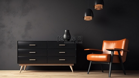 黑色椅子背景图片_现代 3D 渲染黑色内饰，配有抽屉柜和椅子，配有模拟海报
