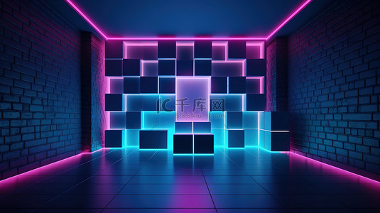 夜总会内部空间的发光 3D 渲染霓虹蓝粉和紫罗兰照亮了空荡荡的房间