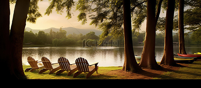 草坪日落背景图片_三艘独木舟划过湖边河流附近的草坪