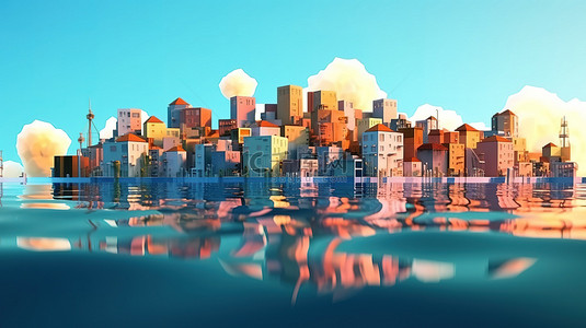 水 4k 背景设计中低聚游戏城的孤立视图与卡通风格 3D 渲染