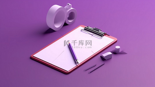 紫色背景上 3D 渲染的剪贴板和铅笔记事本图标的插图