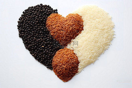 乌龙黑米茶背景图片_白色背景中的几个心形米粒和黑米