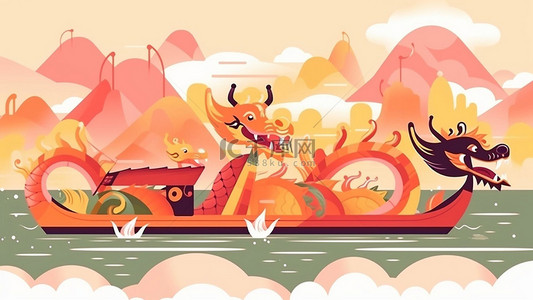 龙舟上的卡通粽子背景图片_端午节水上龙舟红色