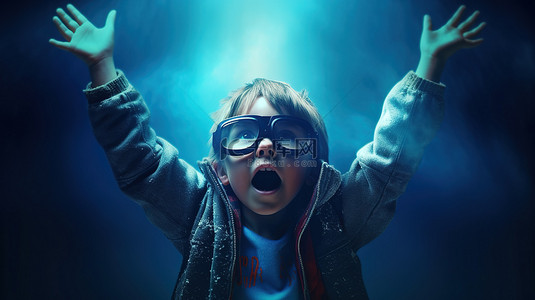 电影电影院背景图片_戴着 3D 眼镜的胜利儿童举手庆祝