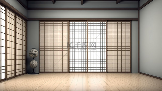 传统日式背景图片_传统日式滑动纸门墙的当代 3D 插图
