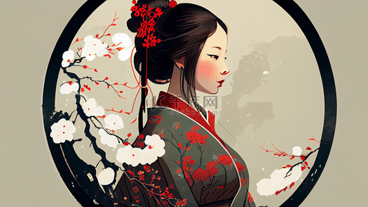 梅花花枝插画背景图片_女孩梅花背景中国风