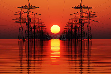 电塔背景图片_电塔和水域上的日落