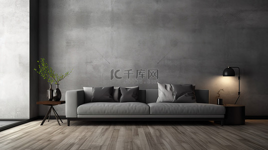 简约灰色家居背景图片_现代灰色内饰，简约风格 3D 渲染，配有空墙沙发和地板上的矮桌