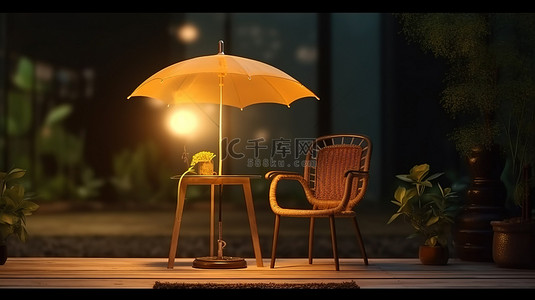 夜空下带照明台灯和雨伞的户外椅子 3D 概念图