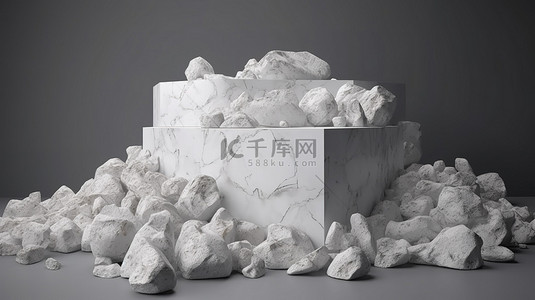 3d 渲染中的白色石头讲台，用于展示散落的碎片板的产品
