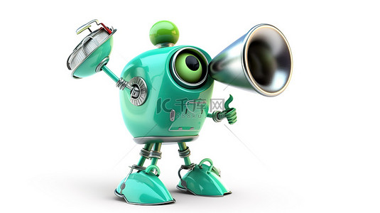人拿喇叭背景图片_白色背景上拿着扩音器的绿色老式机器人的 3D 插图
