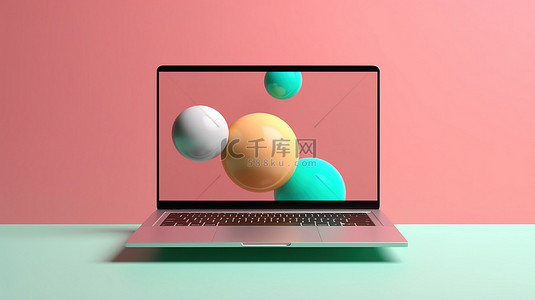彩色背景为 3D 渲染中平坦表面上显示的笔记本电脑屏幕模型奠定了基础