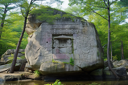 一个巨大的石头结构，上面有文字，周围环绕着树木和鲜花