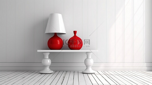 白色房间里红灯照亮木桌的 3D 插图