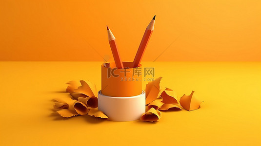 教育黄色背景背景图片_可爱的黄色铅笔和纸在充满活力的橙色背景 3D 插图