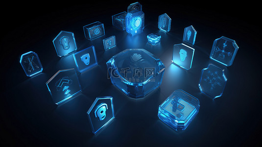 蓝色 3D 渲染图标包，描绘数据安全保护和密码安全