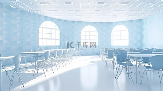 最初的地方背景图片_阳光普照的教室，靠近窗户的地方排列着白色桌椅，采用 3D 设计和蓝色墙壁