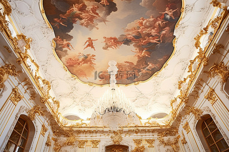 宴会厅背景图片_白色和镀金宴会厅的天花板