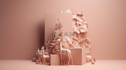 3d 中的圣诞场景是鹿礼物和一棵有足够空间的树的节日组合