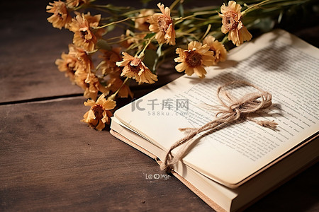 一本旧书，上面有棕色的花，木桌上有一支笔