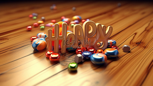 新年糖果背景图片_欢快的庆祝活动希望 3D 插图奢华而精致的风格，在木质背景上配有圣诞糖果，适合冬季假期