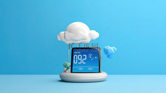 无线应用背景图片_蓝色背景下在手机屏幕上显示天气的现代无线家庭气象站的 3d 渲染