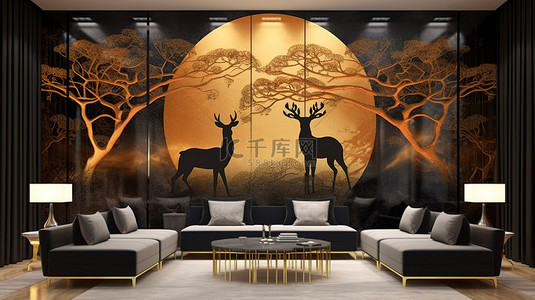 夜间景观 3D 壁纸与金色黑色树木深色大理石和鹿