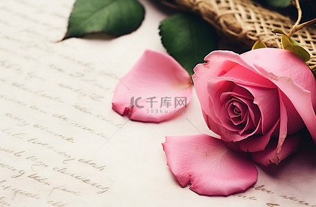 一朵粉红色的玫瑰坐在一张纸和粉红色的叶子旁边