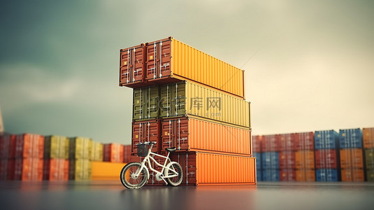 港口拖车背景图片_由起重机悬挂的集装箱，配有拖车和摩托车，体现 3D 渲染中的全球商业概念