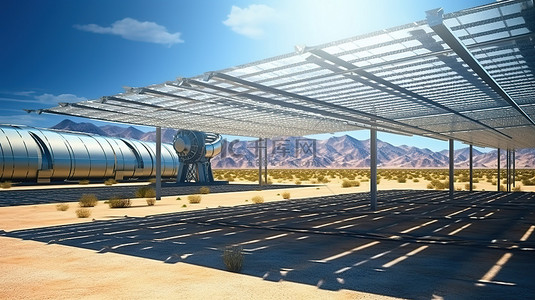 光伏电站中的当代深色太阳能电池板位于阳光明媚的沙漠景观中，以 3D 可视化