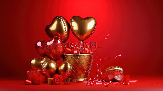 红金色球背景图片_铝箔气球，带有 3D 心锥礼品盒和球，红色背景上的金色情人节字体