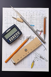 量角器背景图片_数学计算器铅笔尺子和纸上的其他材料