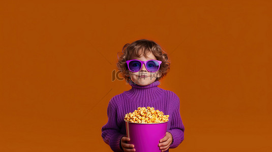 戴着 3D 眼镜和一桶爆米花的孩子站在孤立的紫色上