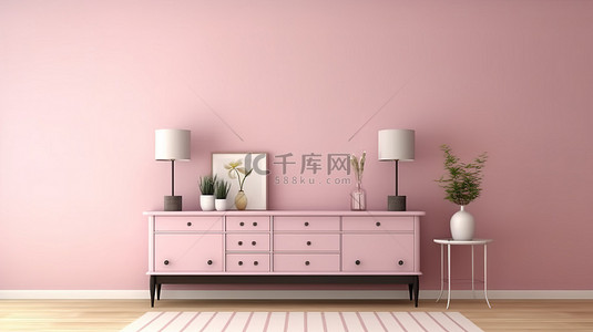 粉色室内设计背景图片_带梳妆台的空粉色墙门厅的 3D 渲染