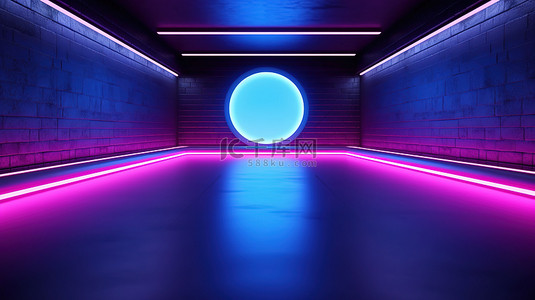 令人惊叹的展览空间 3D 渲染，带有蓝色和粉色抽象霓虹灯